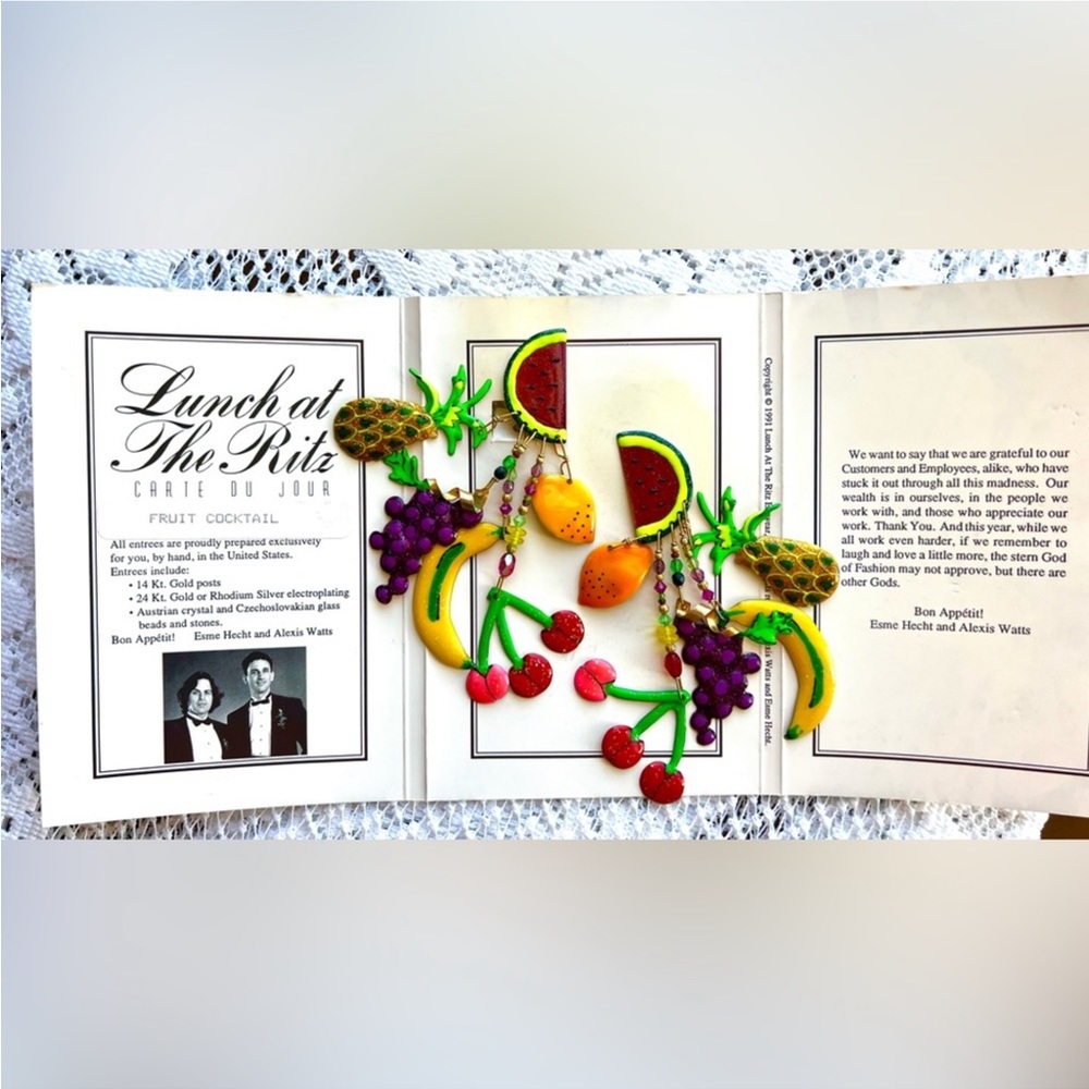 Lunch at the Ritz Fruit cocktail Chandelier Clip on Earrings with original card